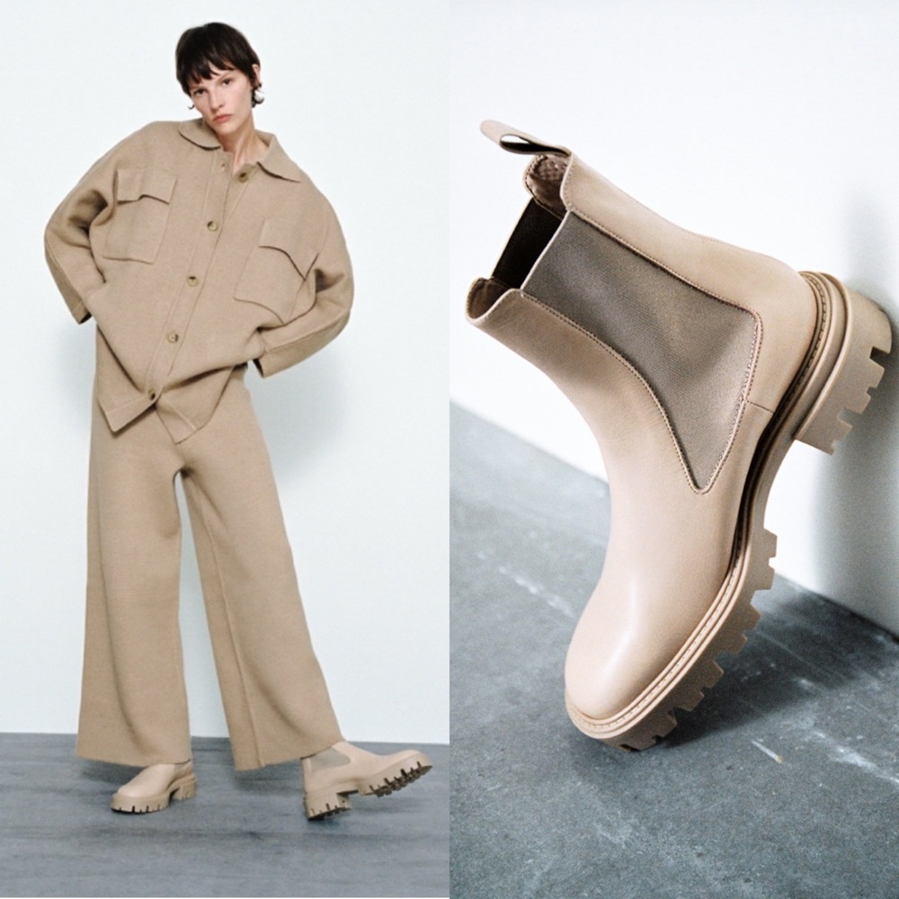 Zara Sz 9 Cream Beige Leather Chunky Heel Bootie Ankle